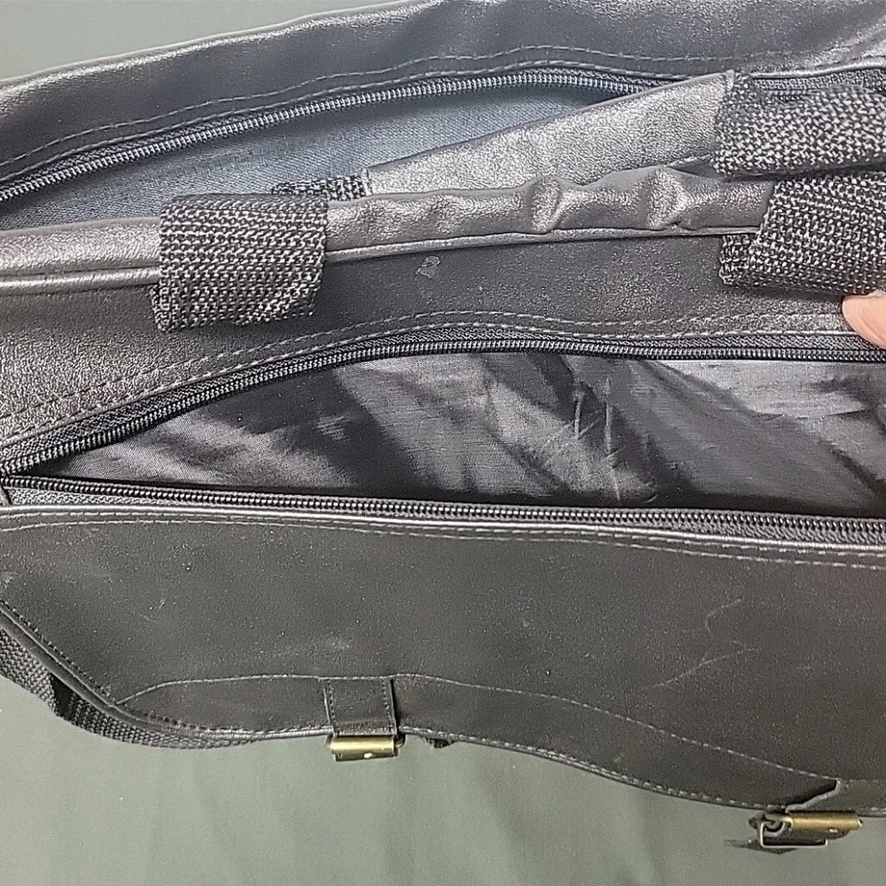 Black Leather-Look Soft Side Briefcase Travel Bag Multi-Compartment With Strap